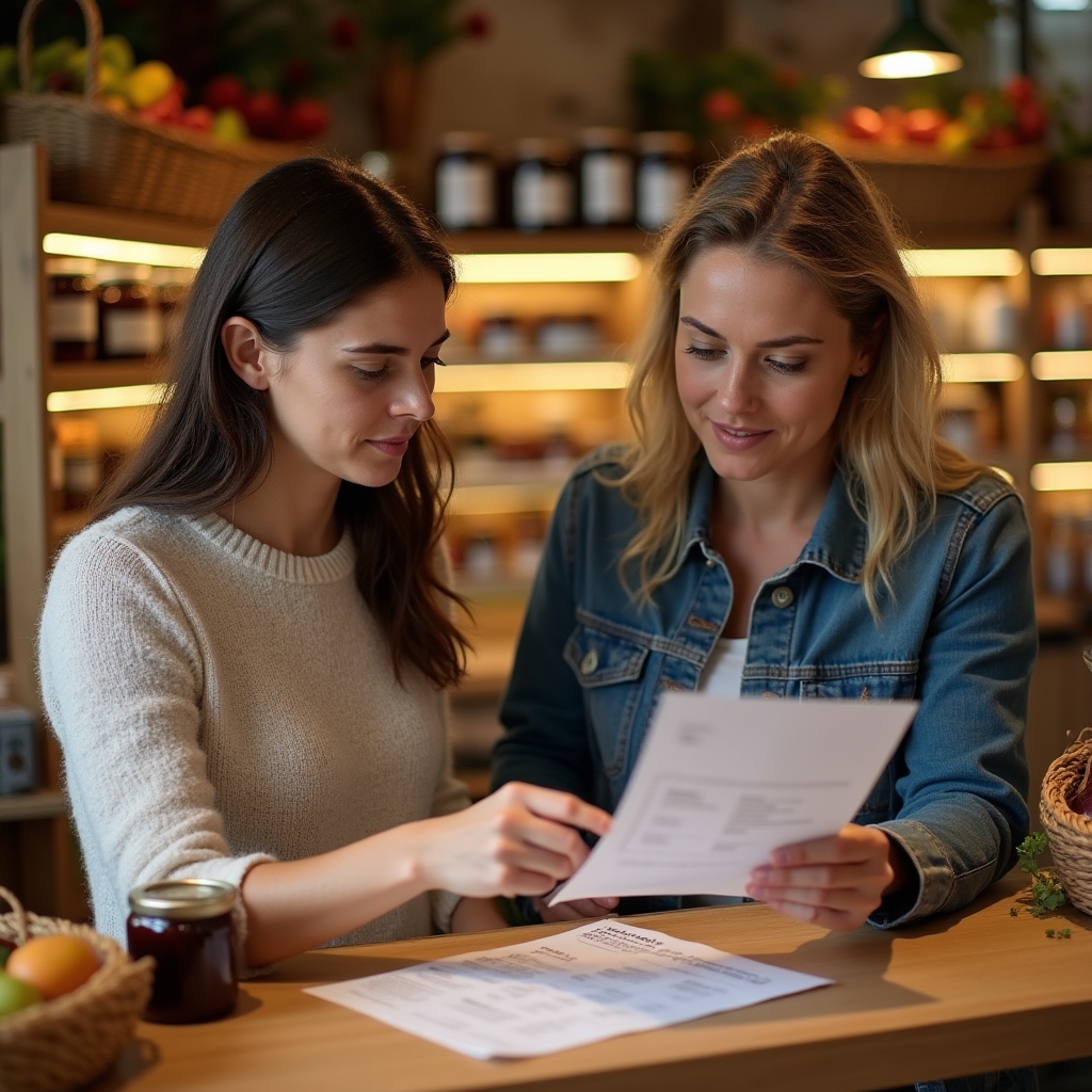Farm shop owner and consultant reviewing honest product labeling wording at a small counter display