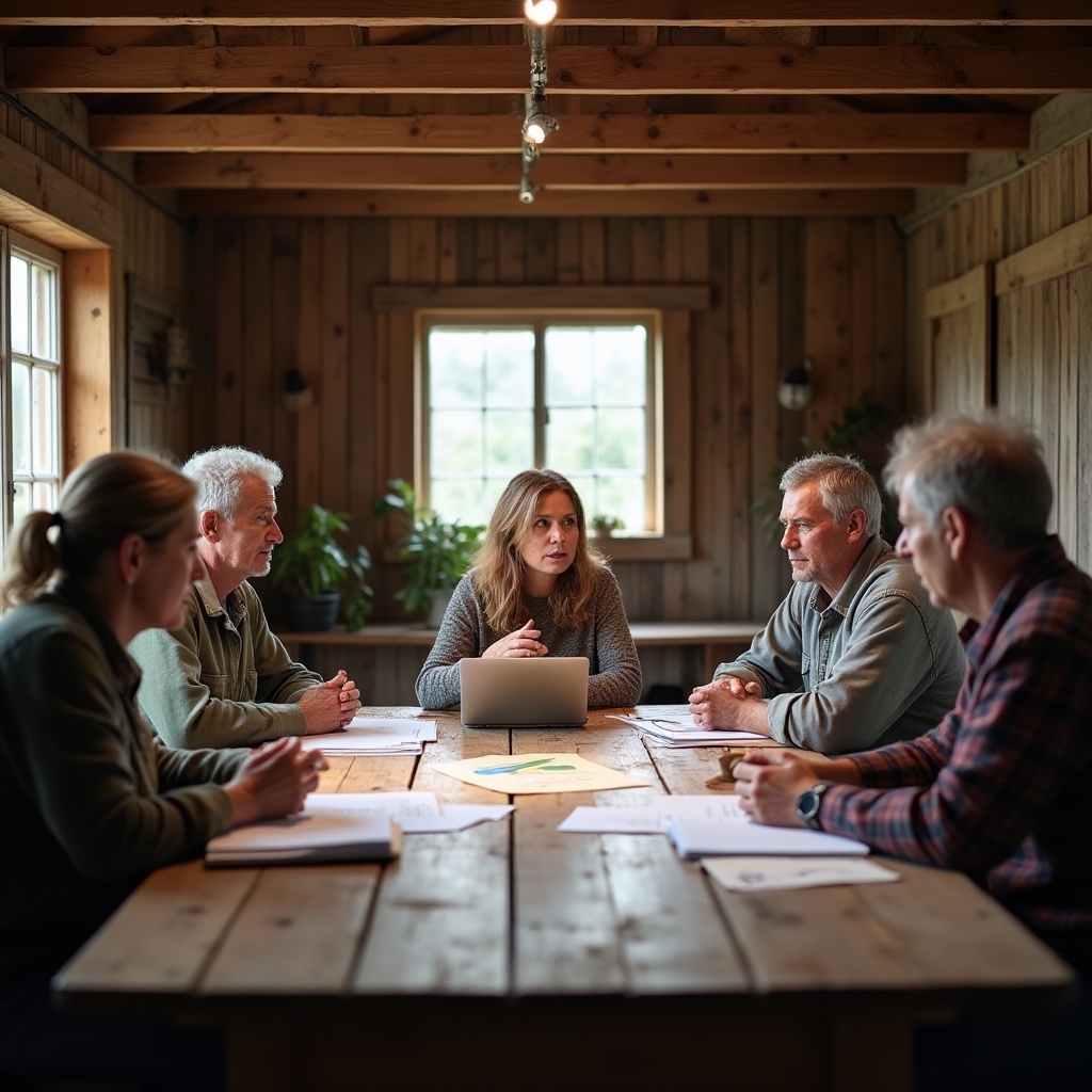 Small group of rural cooperative members seated around a wooden table discussing shared resource practices