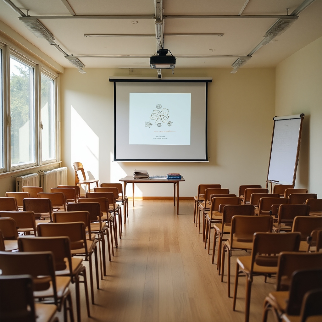 Simple workshop room set up with chairs and a projector screen ahead of a rural circular economy session